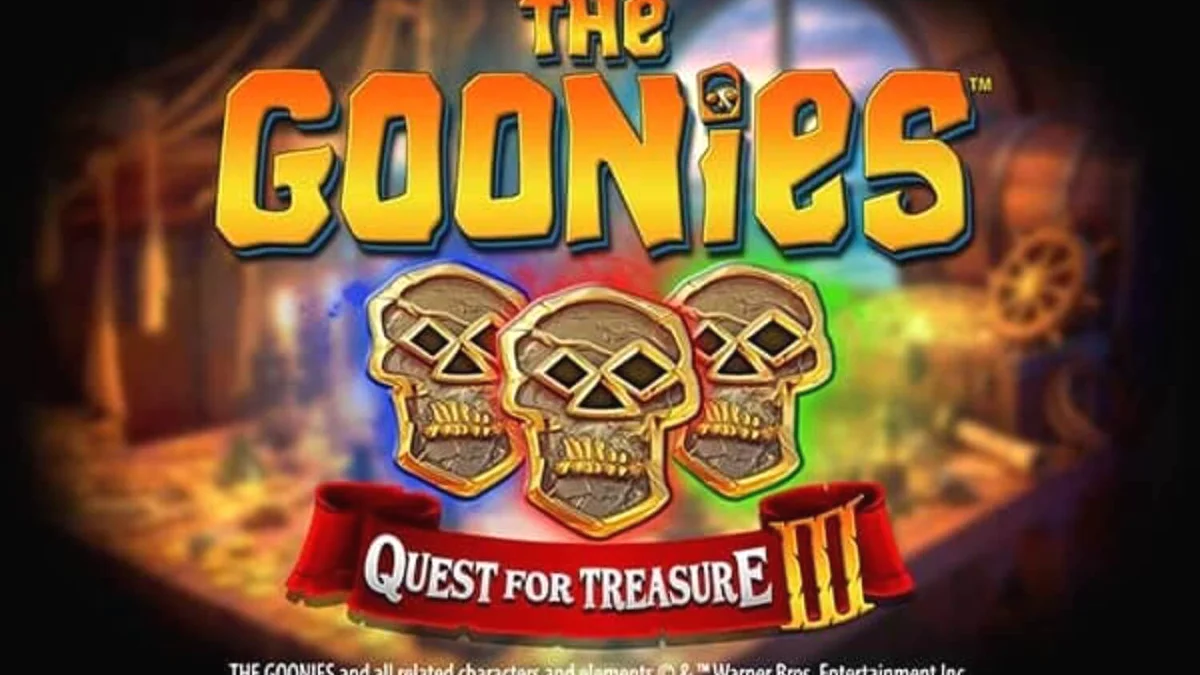 The Goonies Quest for Treasure 3 slot game interface featuring iconic characters and treasure map aesthetics